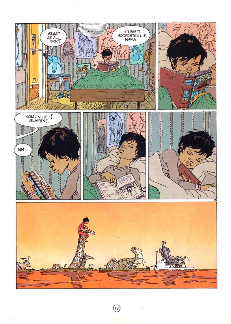 Nick is lying in bed, reading a Jules Verne book. His mother tells him to go to sleep and he does so, book still open. The page's last panel shows him in his red pyjamas on top of a giraffe with several other animals swimming in a red seas